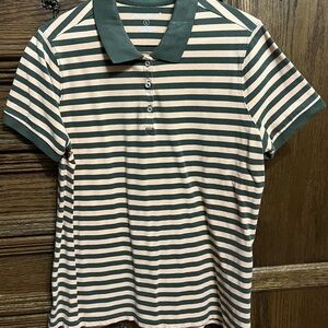 Eddie Bauer short sleeve polo, large; olive green &  light orange striped shirt,